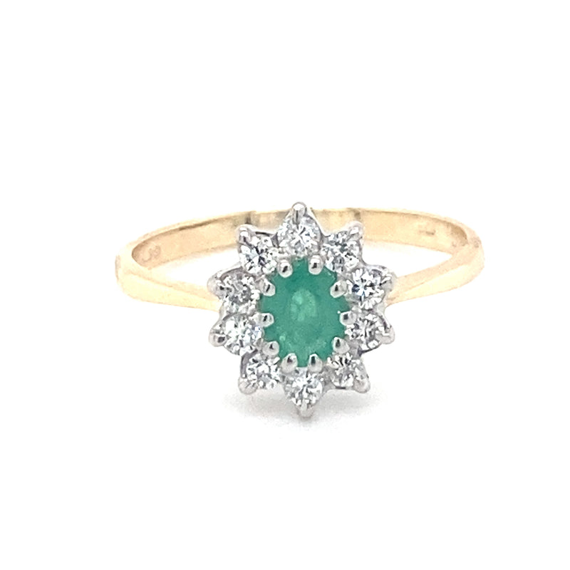 9ct Gold Cluster Ring set with Emerald & 10 Diamonds