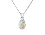 White Created Opal Oval Claw Set Pendant - Silver - 18" Chain