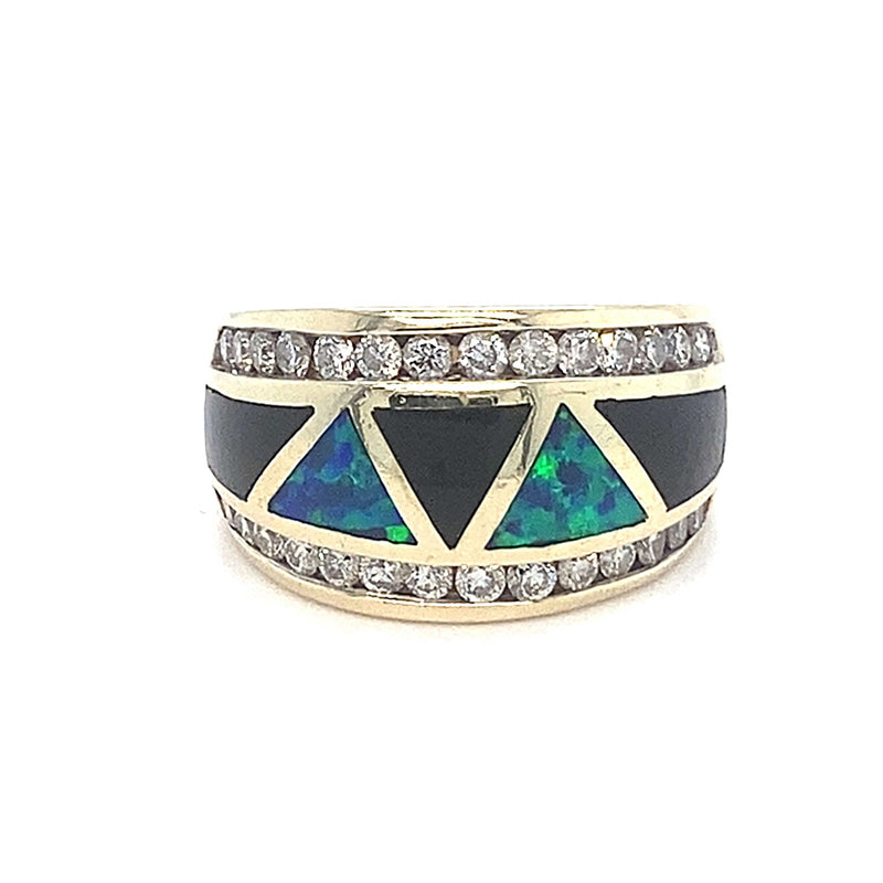 Created Opal, Onyx and Diamond Dress Ring