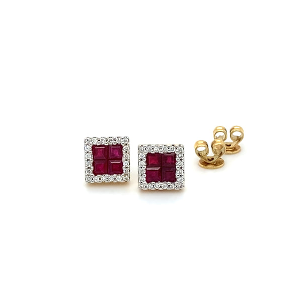 18ct Gold Ruby & Diamond Cluster Stud Earrings