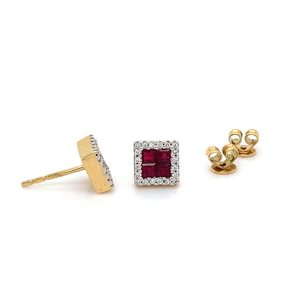 18ct Gold Ruby & Diamond Cluster Stud Earrings