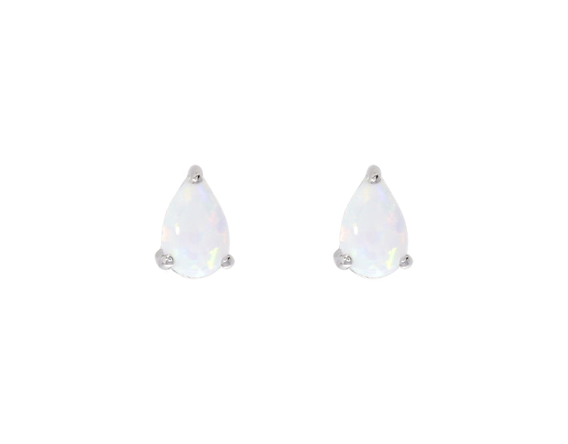 White Created Opal Pearshape Claw Set Stud Earring - Silver