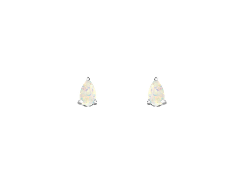 White Created Opal Pearshape Claw Set Stud Earring - Silver