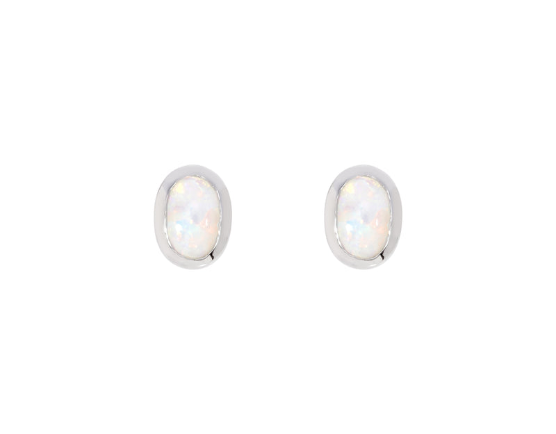 White Created Opal Oval Rubset Stud Earring - Silver