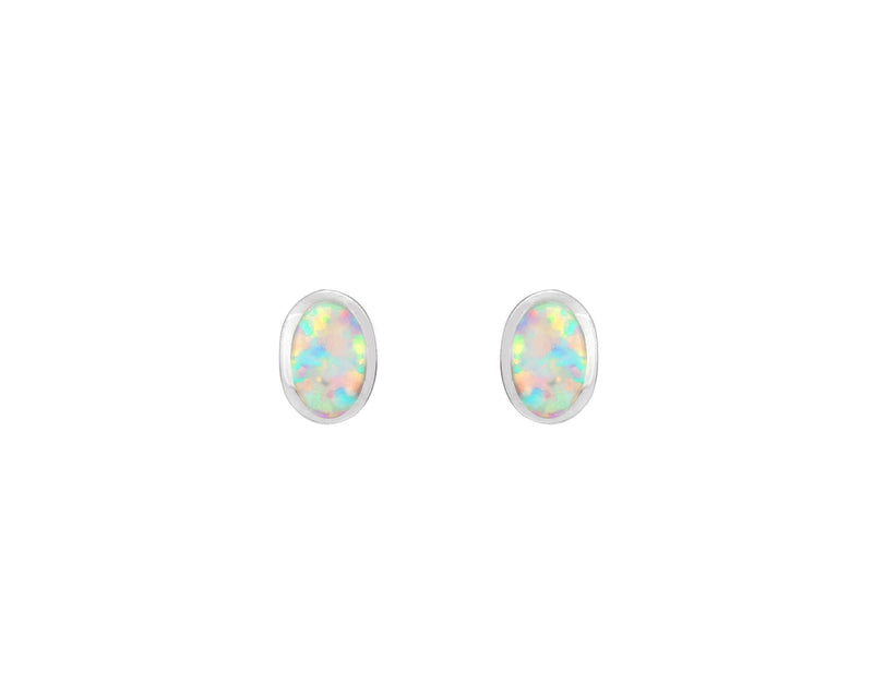 White Created Opal Oval Rubset Stud Earring - Silver