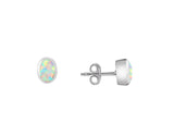 White Created Opal Oval Rubset Stud Earring - Silver