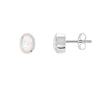 White Created Opal Oval Rubset Stud Earring - Silver