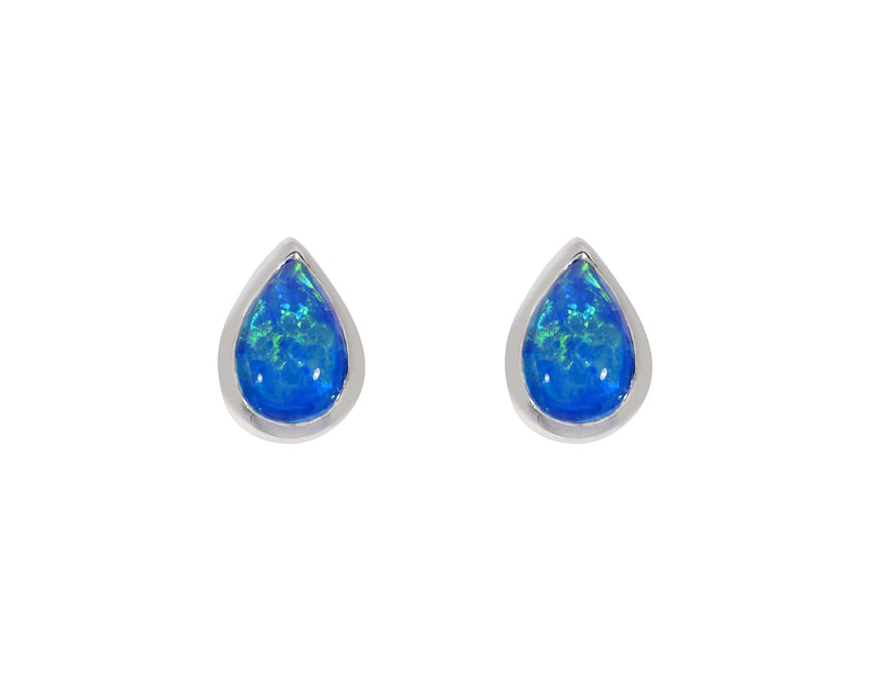 Blue Created Opal Pearshape Rubset Stud Earring - Silver