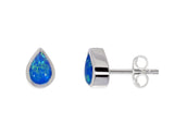 Blue Created Opal Pearshape Rubset Stud Earring - Silver