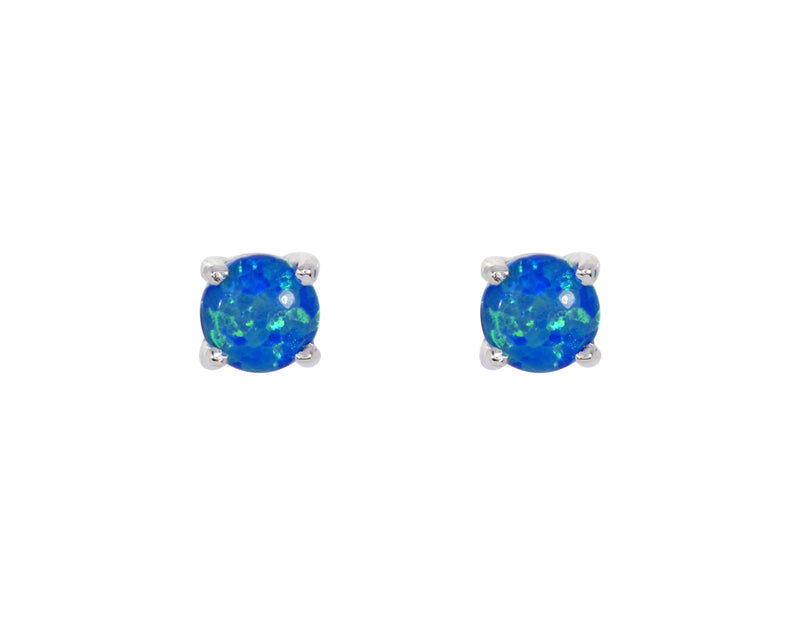 Blue Created Opal Round Claw Set Stud Earring - Silver