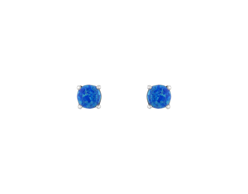 Blue Created Opal Round Claw Set Stud Earring - Silver