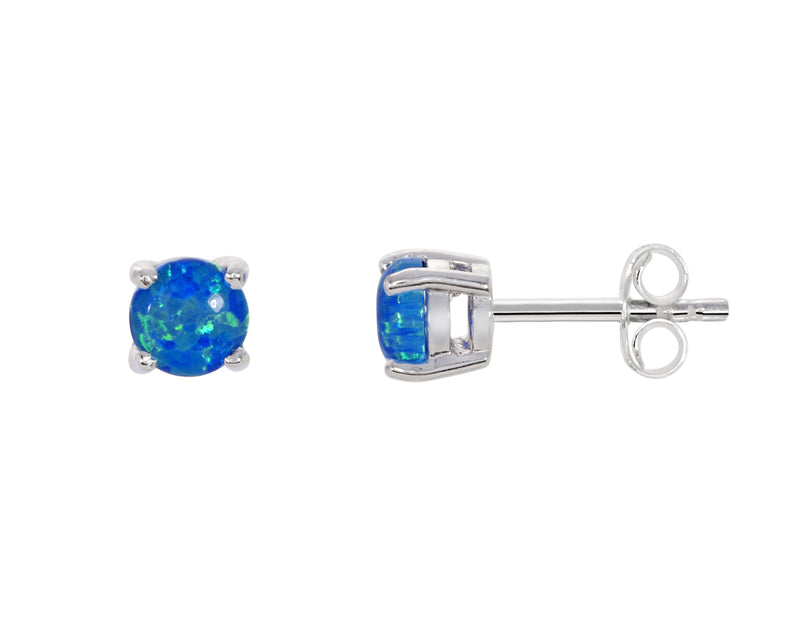 Blue Created Opal Round Claw Set Stud Earring - Silver