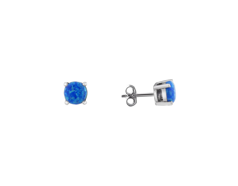 Blue Created Opal Round Claw Set Stud Earring - Silver