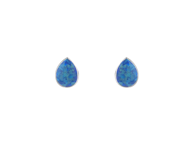 Blue Created Opal Pearshape Rubset Stud Earring - Silver