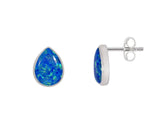 Blue Created Opal Pearshape Rubset Stud Earring - Silver