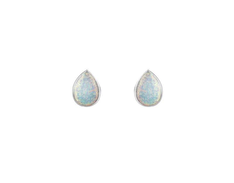 White Created Opal Pearshape Rubset Stud Earring - Silver