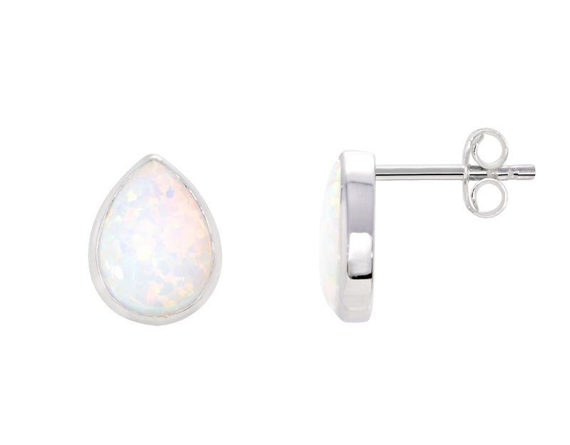 White Created Opal Pearshape Rubset Stud Earring - Silver