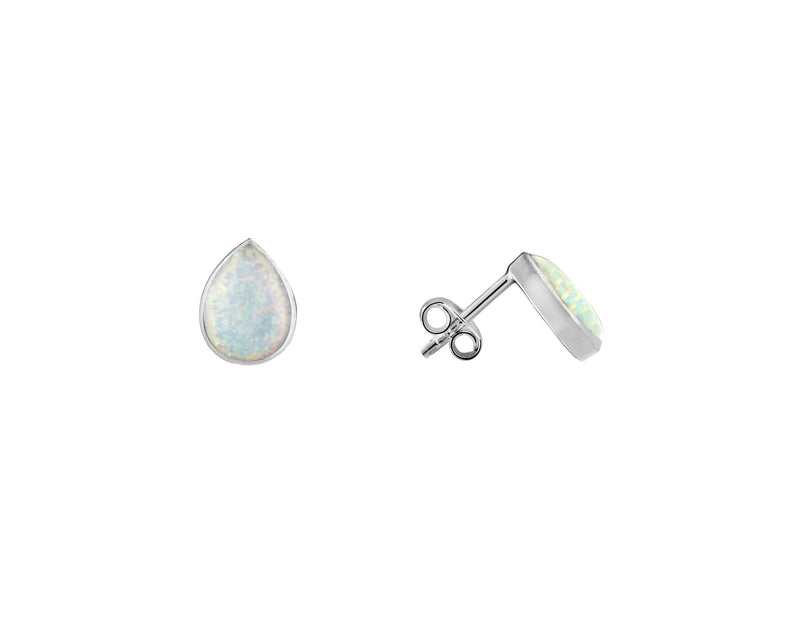 White Created Opal Pearshape Rubset Stud Earring - Silver