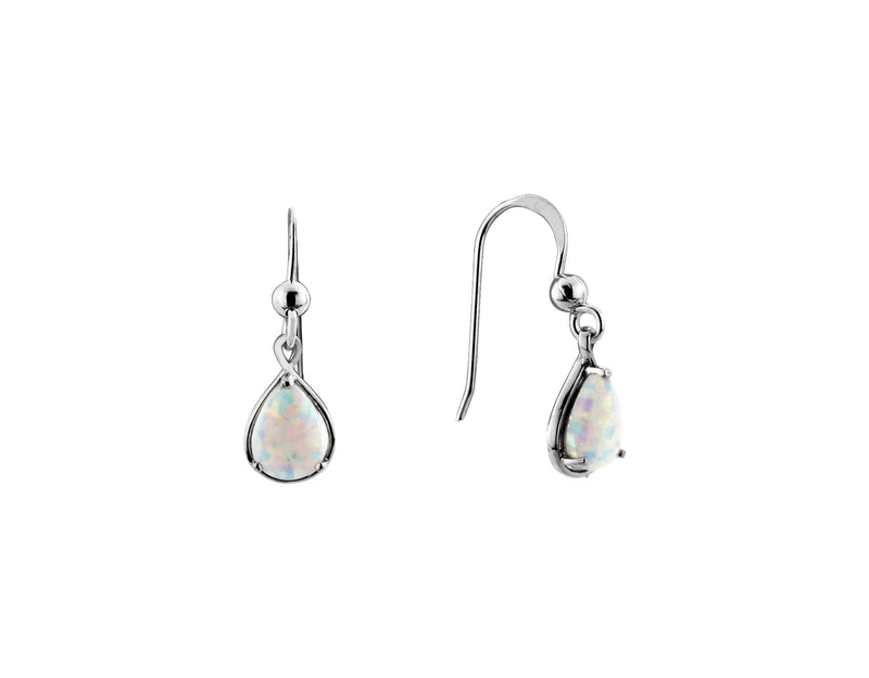 White Created Opal Pearshape Drop Earring - Silver