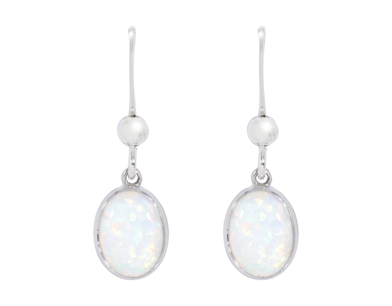 White Created Opal Oval Rubset Drop Earring - Silver