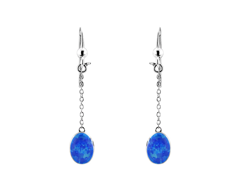 Blue Created Opal Oval Chain Drop Earring - Silver