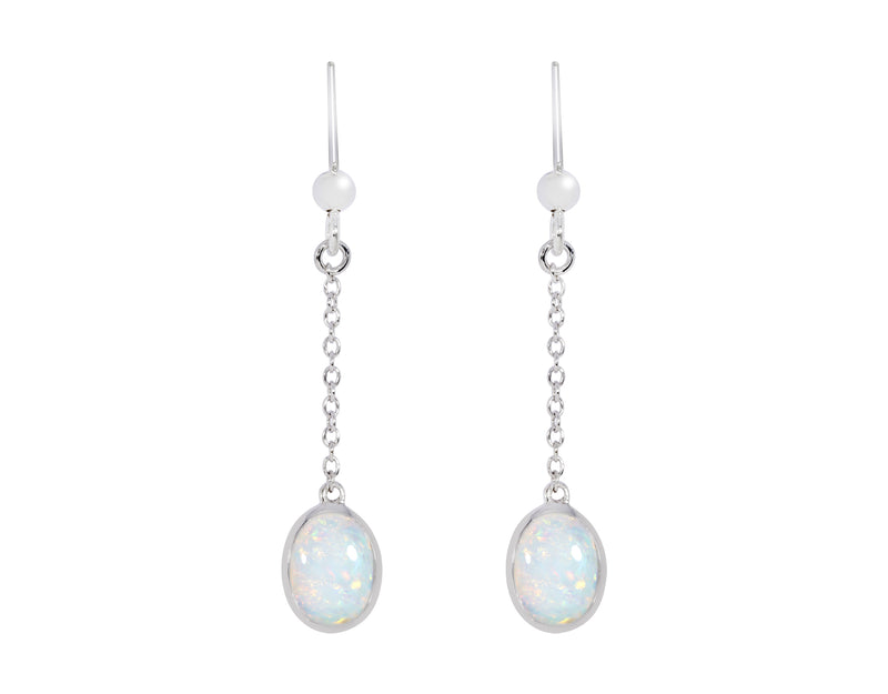 White Created Opal Oval Chain Drop Earrings - Silver