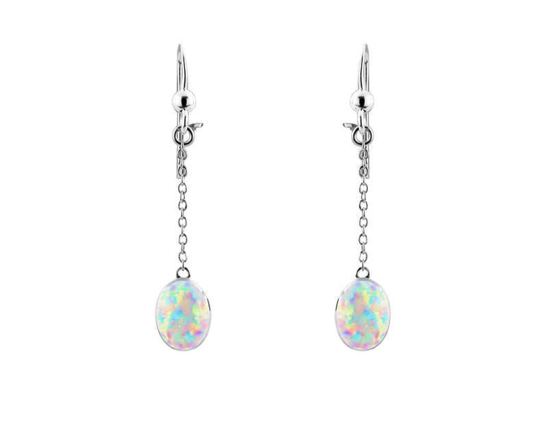 White Created Opal Oval Chain Drop Earrings - Silver