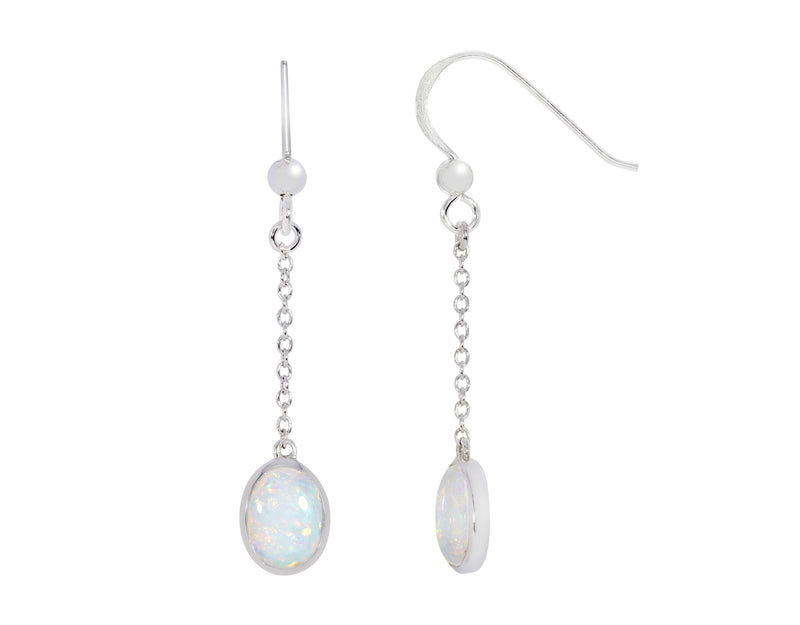 White Created Opal Oval Chain Drop Earrings - Silver