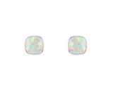 White Created Opal Cushion Rubset Stud Earring - Silver