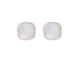 White Created Opal Cushion Rubset Stud Earring - Silver