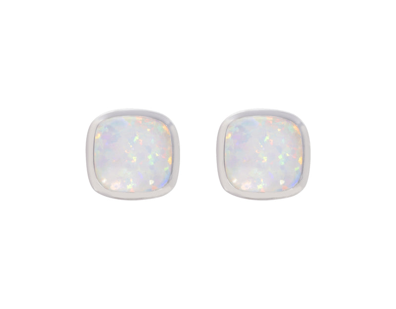 White Created Opal Cushion Rubset Stud Earring - Silver