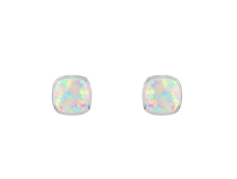 White Created Opal Cushion Rubset Stud Earring - Silver