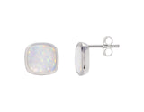 White Created Opal Cushion Rubset Stud Earring - Silver