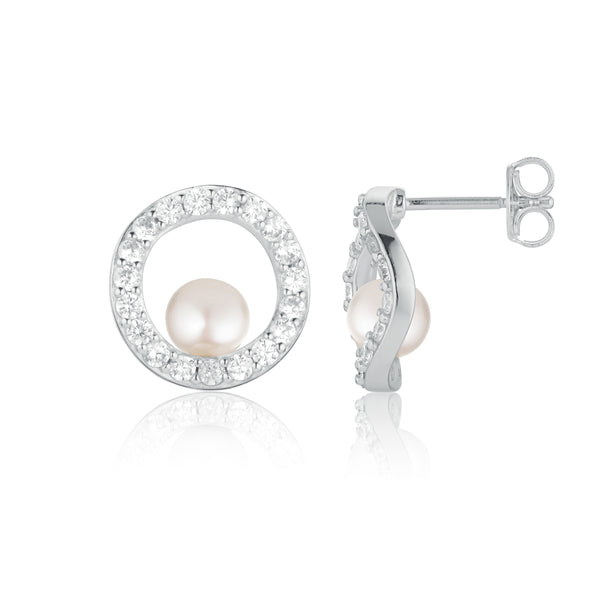 Ponza Circolo Earrings - Sterling Silver, With Freshwater Pearl & White Zirconia