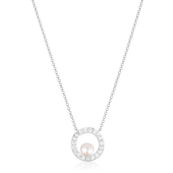 Ponza Circolo Necklace- Sterling Silver, With White Zirconia & Freshwater Pearl