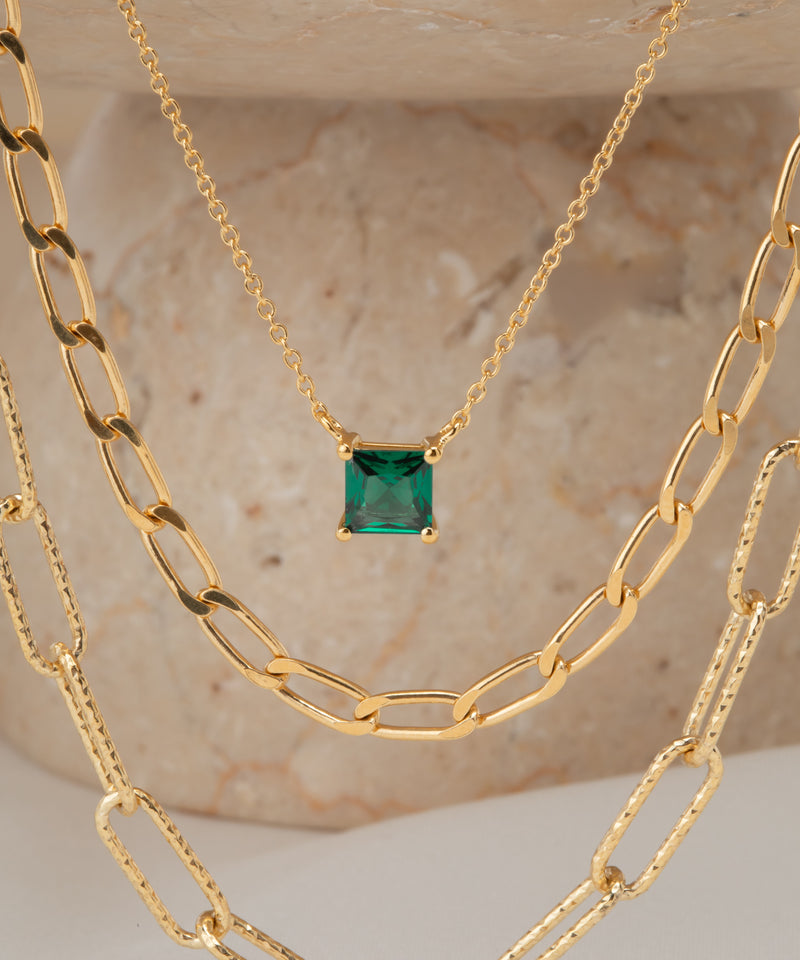 Ellera Quadrato Necklace - 18k Gold Plated, With Green Zirconia