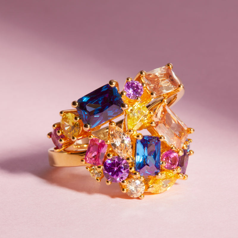 Ivrea Grande Ring - 18k Gold Plated, With Multi-Coloured Zirconia