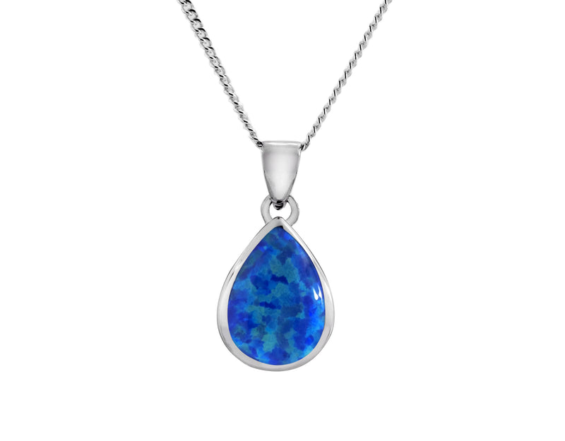 Blue Created Opal Rubover Pearshape Pendant - Silver - 18" Chain