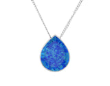 Blue Created Opal Pearshape Rubover Pendant - Silver - 18" Chain