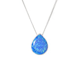 Blue Created Opal Pearshape Rubover Pendant - Silver - 18" Chain