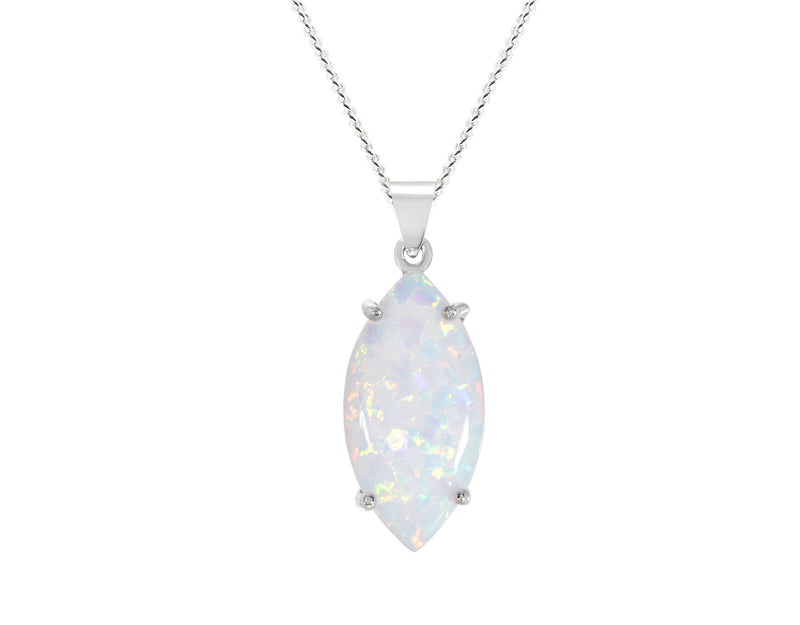 White Created Opal Marquise Pendant - Silver - 18" Chain