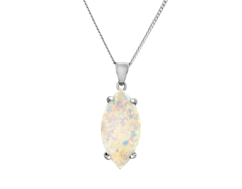 White Created Opal Marquise Pendant - Silver - 18" Chain