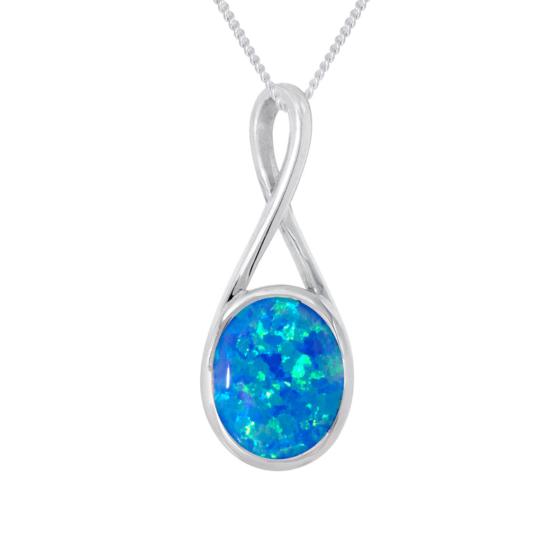 Blue Created Opal Pendant - Silver - 18" Chain