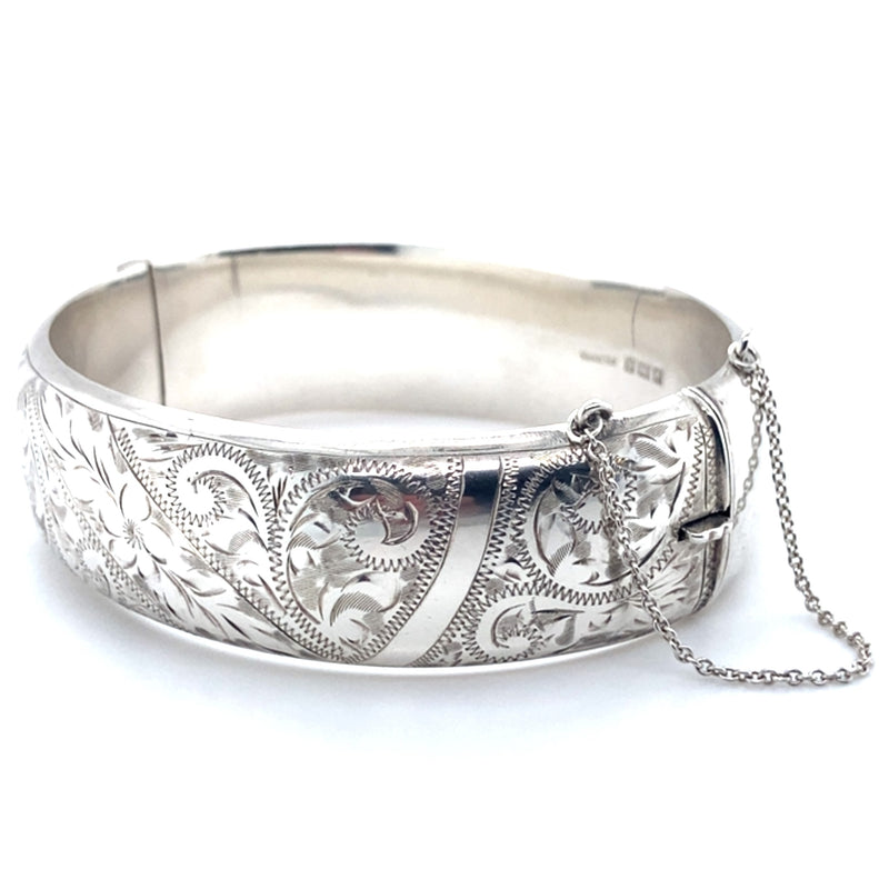 Silver Engraved D Shape Bangle