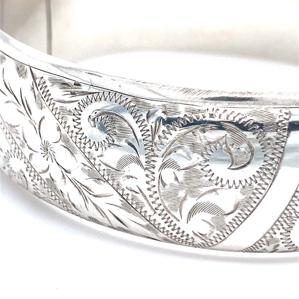 Silver Engraved D Shape Bangle