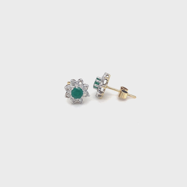 18ct gold Cluster studs with Emeralds & Diamonds
